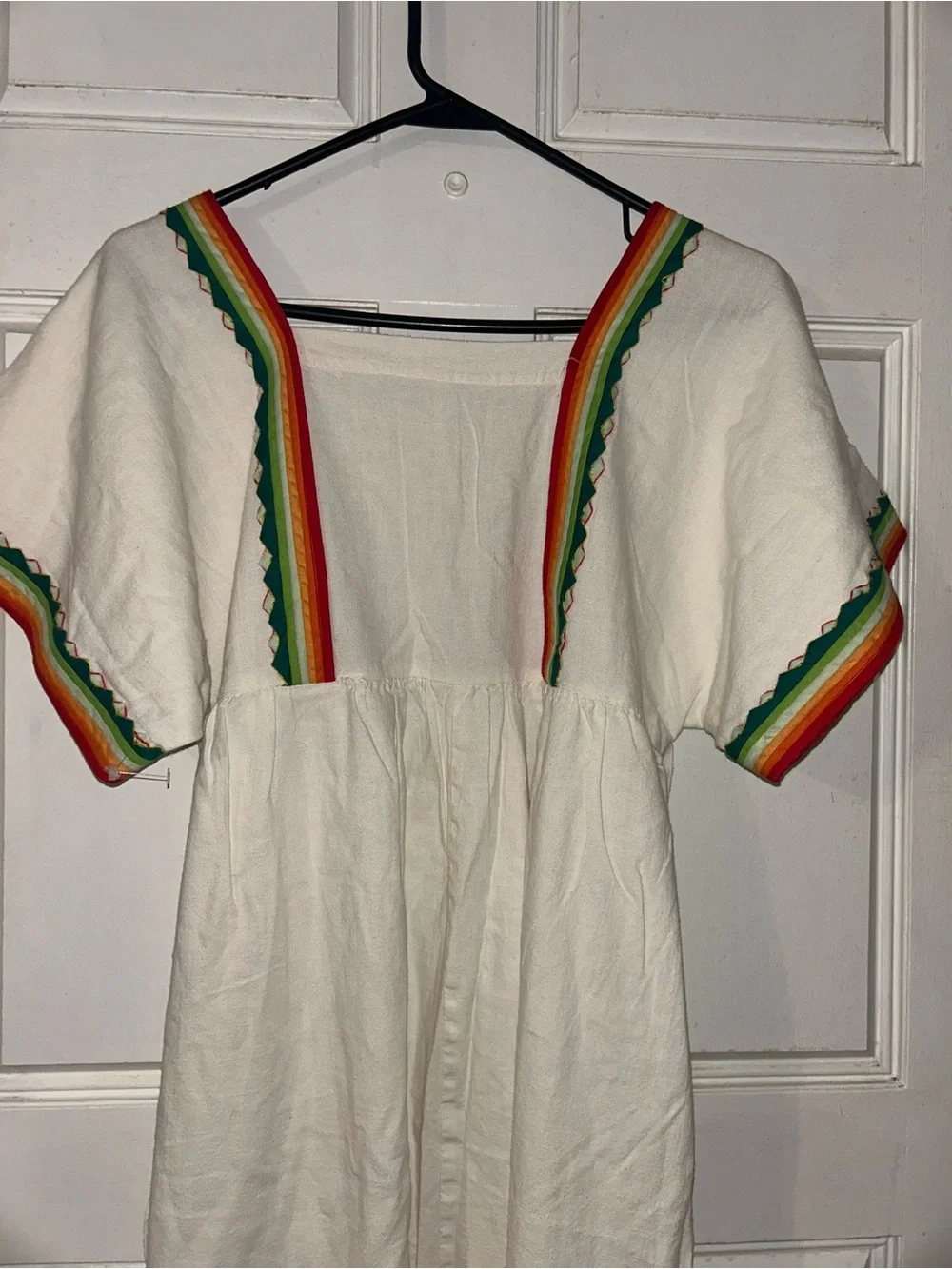 White Embroidered Mexican-Style Girls' Dress with Rainbow Trim
